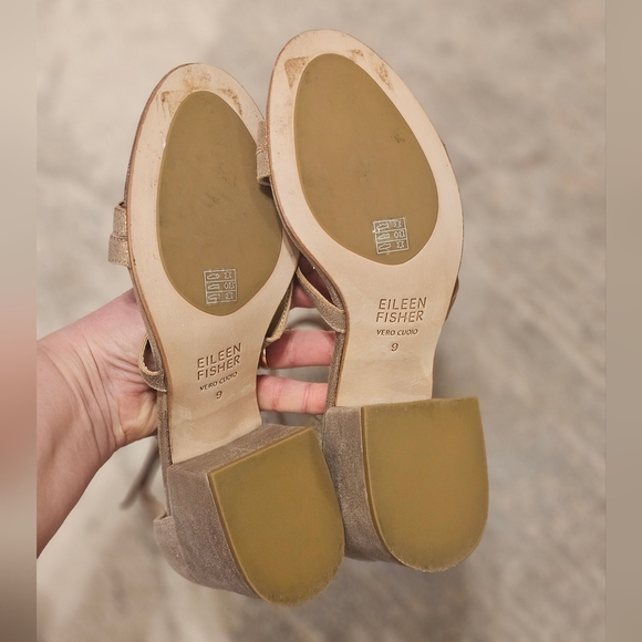 Eileen Fisher Jazzy Heel Sandals  Gold Platinum Leather Block Strap 9 - Picture 7 of 16